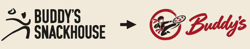 Das bisherige Buddy’s-Snackhouse-Logo links und das neue Buddy’s-Logo mit dem Kung-Fu-Manneken rechts, verbunden durch einen Pfeil