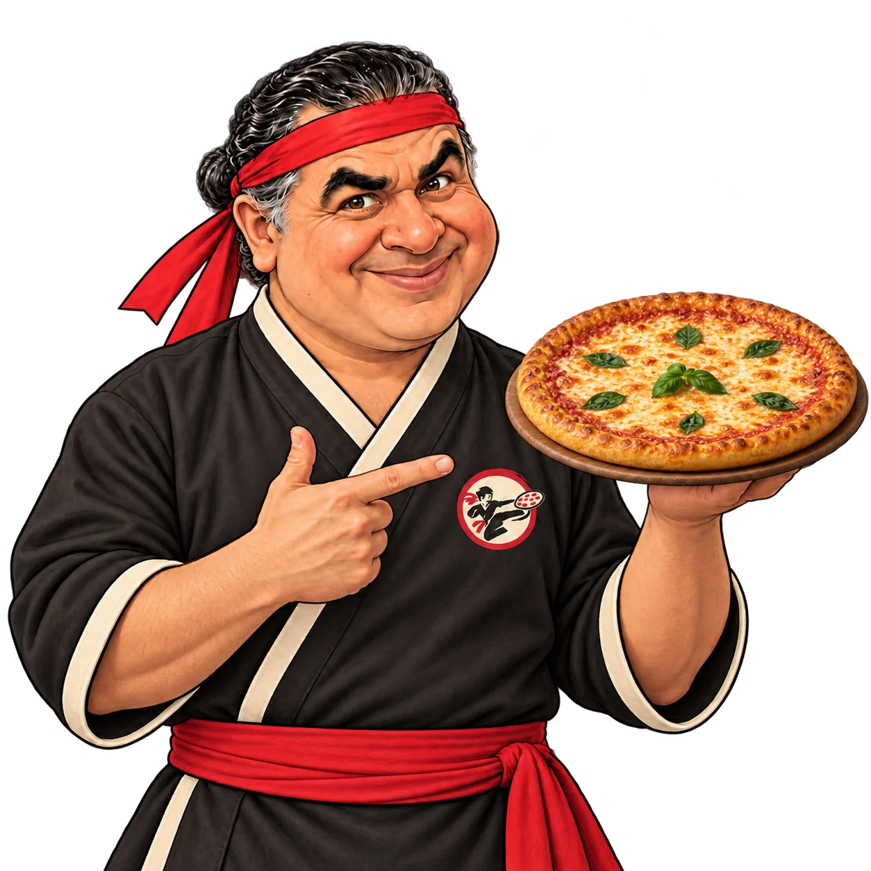 Der illustrierte Buddy mit rotem Stirnband und Haarknoten präsentiert lächelnd eine echte Pizza